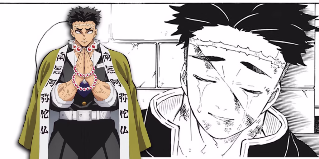 demon slayer image of gyomei death in manga with png of character on top